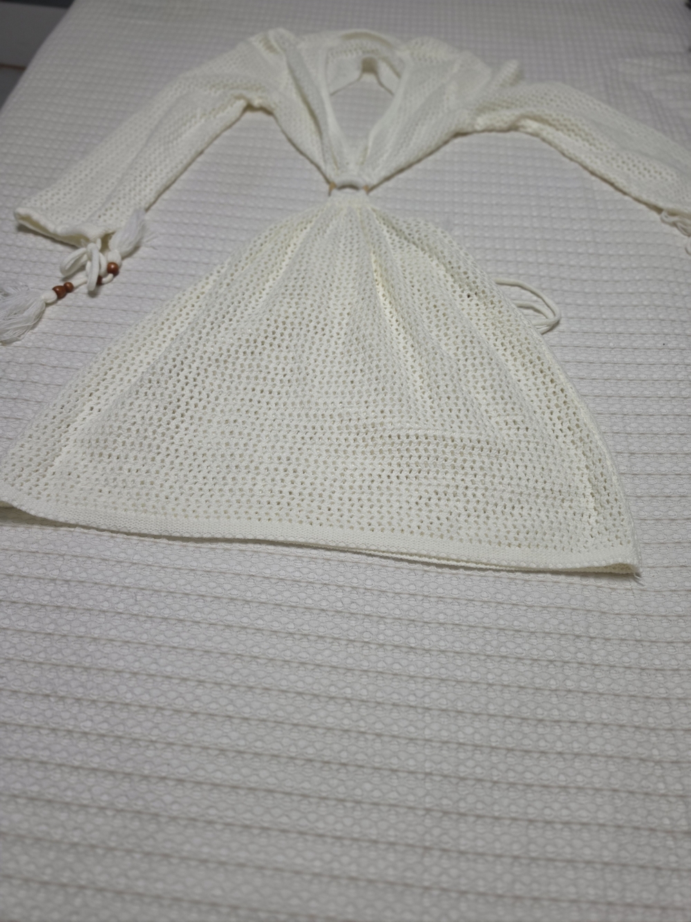 Knit Openwork Ivory Dress with Tie Waist